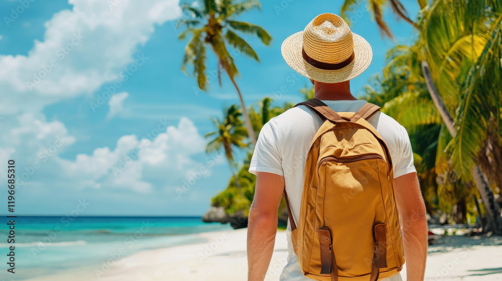 Fototapeta premium man with backpack enjoys tropical beach view under palm trees. clear blue sky and ocean create serene atmosphere, perfect for relaxation and adventure