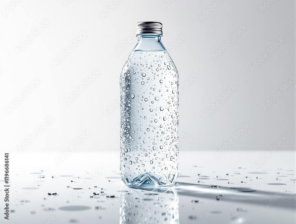 A transparent water bottle is shown on a white background with water droplets on it. The bottle is placed on a reflective surface, creating a mirror-like effect. A transparent water bottle is shown on a white background with water droplets on it. The bottle is placed on a reflective surface, creating a mirror-like effect.