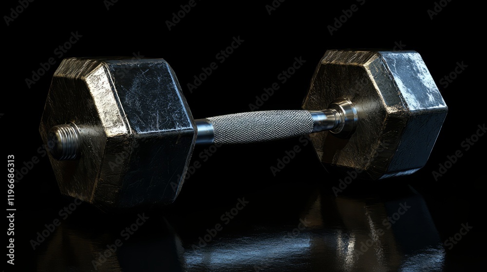 A 3D-rendered large hexagonal dumbbell, polished black with silver highlights, against a black background with sharp lighting A 3D-rendered large hexagonal dumbbell, polished black with silver highlights, against a black background with sharp lighting