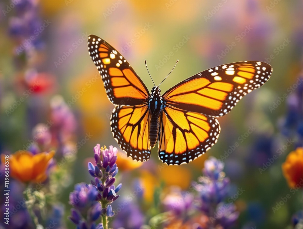 Fototapeta premium vibrant, colorful butterfly with orange wings adorned with black spots, perched on a purple flower against a blurred background of flowers and green foliage.
