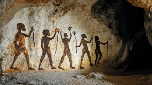 Ancient cave paintings depict human figures engaged in activities within a dark cave setting
