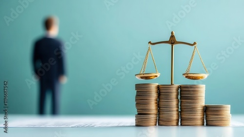 A figure stands behind a balance scale, juxtaposed with stacks of coins, symbolizing the relationship between law and finance. photo