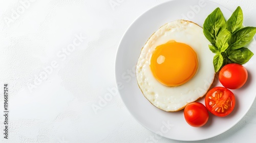 Fresh Egg with Tomatoes and Basil on a White Plate