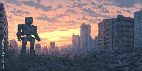 Giant Robot Stands in a Ruined City at Sunset