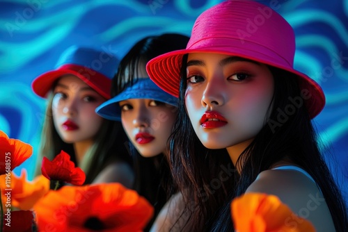 Vibrant Asian Women in Colorful Hats with Poppies