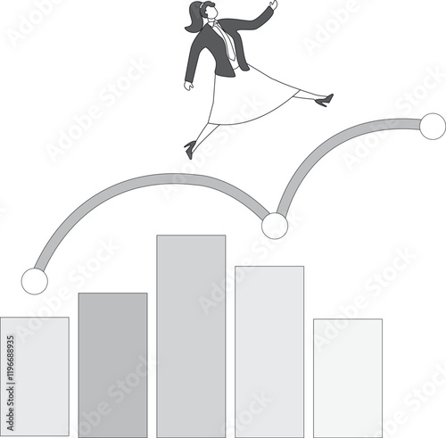 Overcoming financial problems in business or investment with businesswoman jumping over falling financial graph, creative idea or solution to solve problem, business challenge concept