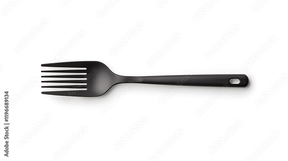 A sleek black fork with multiple tines, ideal for serving or handling food, set against a plain white background. A sleek black fork with multiple tines, ideal for serving or handling food, set against a plain white background.