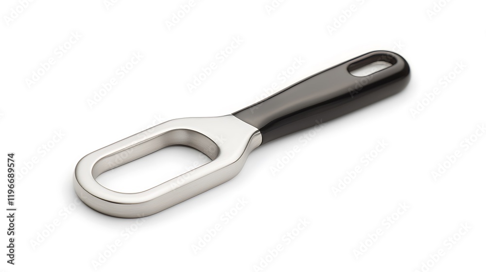 A sleek metal tool with a black handle, designed for opening jars or bottles, featuring an ergonomic grip and a sturdy, practical design. A sleek metal tool with a black handle, designed for opening jars or bottles, featuring an ergonomic grip and a sturdy, practical design.