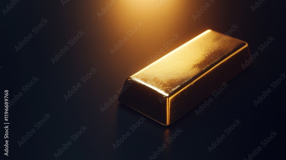 A single gold ingot placed on a black background with dramatic lighting A single gold ingot placed on a black background with dramatic lighting