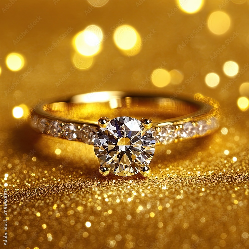 Diamond ring on golden background, close-up. Pair of wedding ring with diamond brilliant
