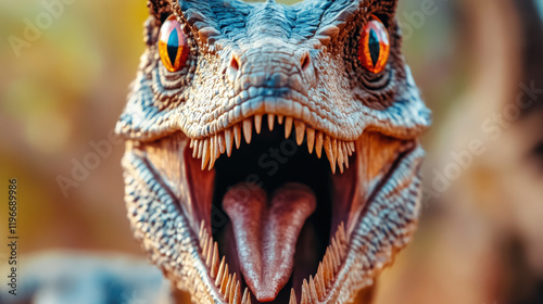 Realistic dinosaur head with open mouth, sharp teeth, and vibrant eyes, showcasing fierce expression in natural setting. Perfect for wildlife and prehistoric themes photo