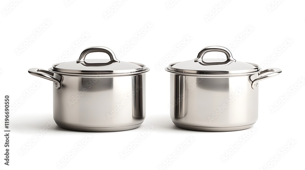 Two shiny stainless steel cooking pots with lids, showcasing a simple and elegant design for kitchen use. Two shiny stainless steel cooking pots with lids, showcasing a simple and elegant design for kitchen use.