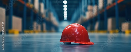 Red Safety Helmet in a Warehouse Setting: A Symbol of Industry and Safety
