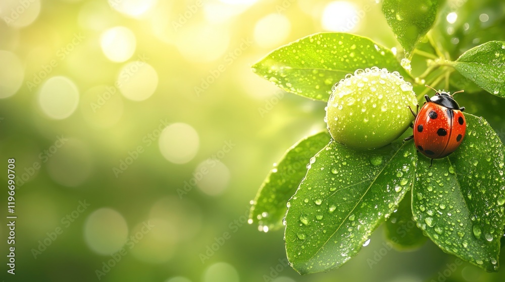 Ladybug on dew-covered green apple and leaves. Ladybug on dew-covered green apple and leaves.
