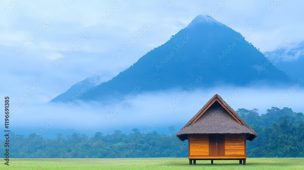Serene Wooden Cabin on Green Meadow with Majestic Mountain Backdrop Serene Wooden Cabin on Green Meadow with Majestic Mountain Backdrop