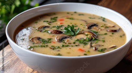 Creamy soup brimming with mushrooms, herbs, and vibrant vegetabl photo