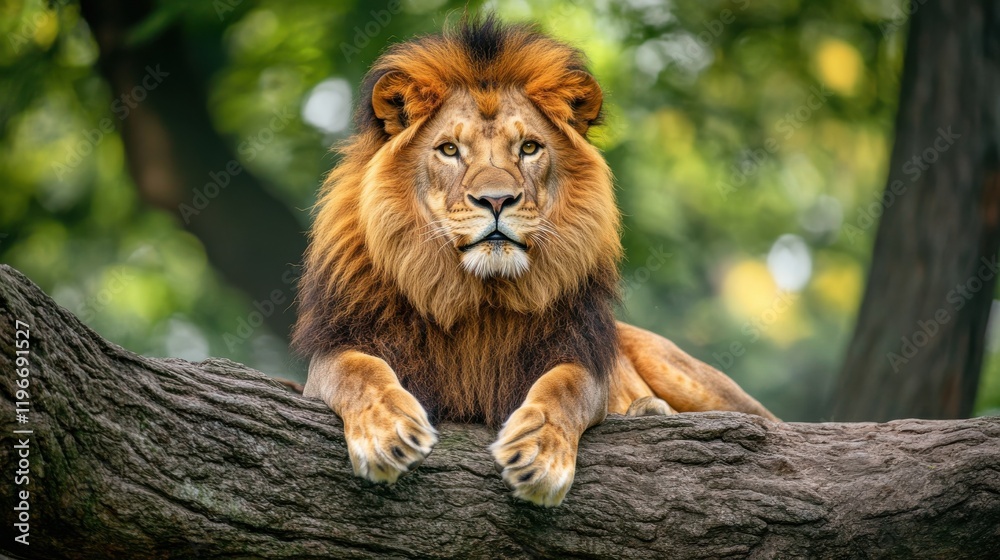 Majestic male lion rests on a tree branch. Majestic male lion rests on a tree branch.