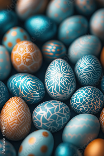 Stunning blue and gold Easter eggs with intricate geometric designs
 photo