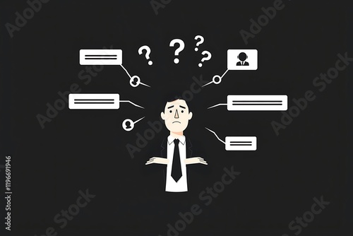 Overwhelmed: A simple illustration depicting a man bombarded by various questions and dilemmas.  The image evokes a sense of anxiety and uncertainty, perfect for illustrating themes of overwhelm. photo