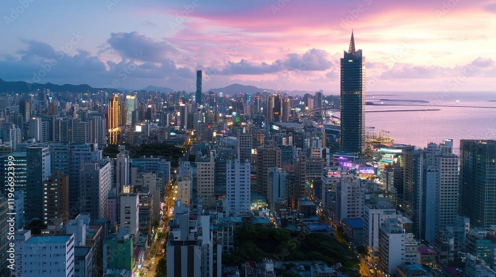 Fototapeta premium Coastal City at Sunset