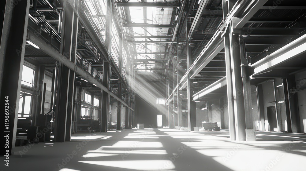 Sunbeams Illuminating Industrial Grandeur: A Black and White Architectural Masterpiece Sunbeams Illuminating Industrial Grandeur: A Black and White Architectural Masterpiece