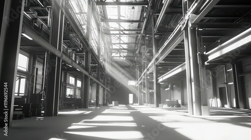 Sunbeams Illuminating Industrial Grandeur: A Black and White Architectural Masterpiece