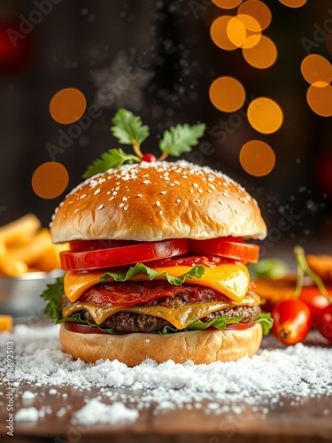 an image of a hamburger with cheese, tomato, and lettuce on a wooden table. photo