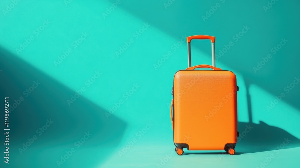 A travel luggage bag in bright orange on a gradient blue-to-teal background A travel luggage bag in bright orange on a gradient blue-to-teal background
