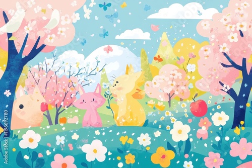 Cute animals frolic in a vibrant spring meadow landscape