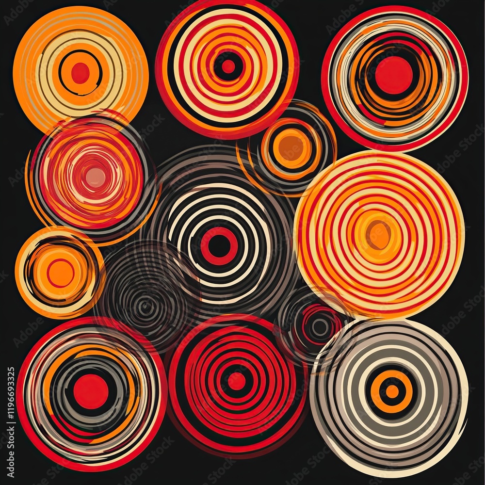 Fototapeta premium Abstract concentric circles in red, orange, and black.
