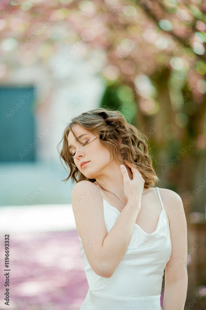 Portrait of young woman near blooming sakura tree in European city. Portrait of young woman near blooming sakura tree in European city.