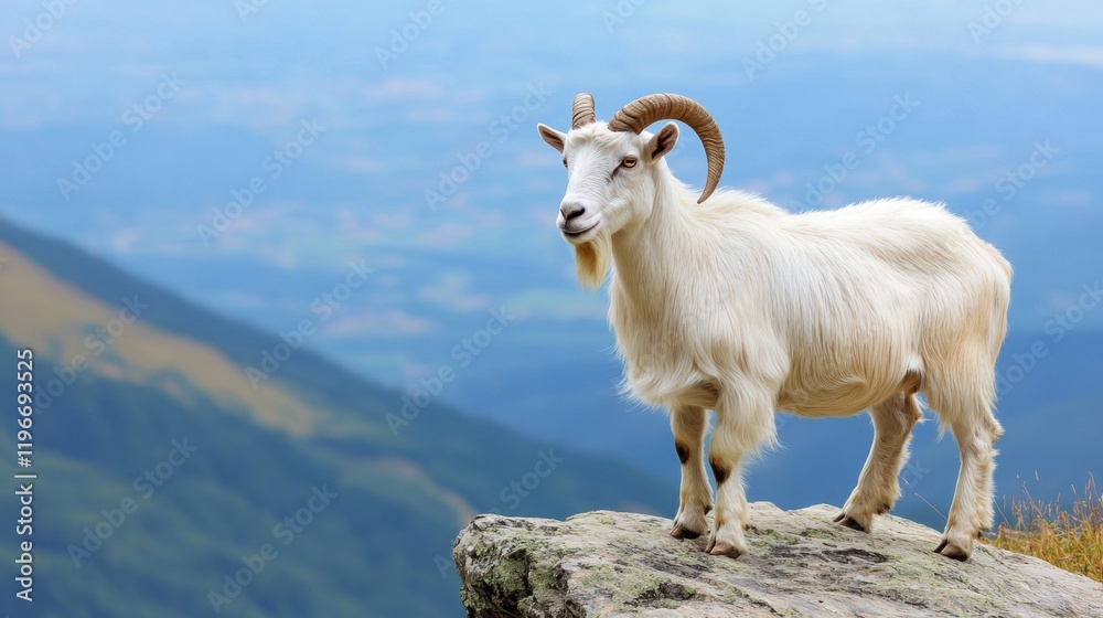 Obraz premium A white goat with long horns standing on a rocky cliff overlooking a valley