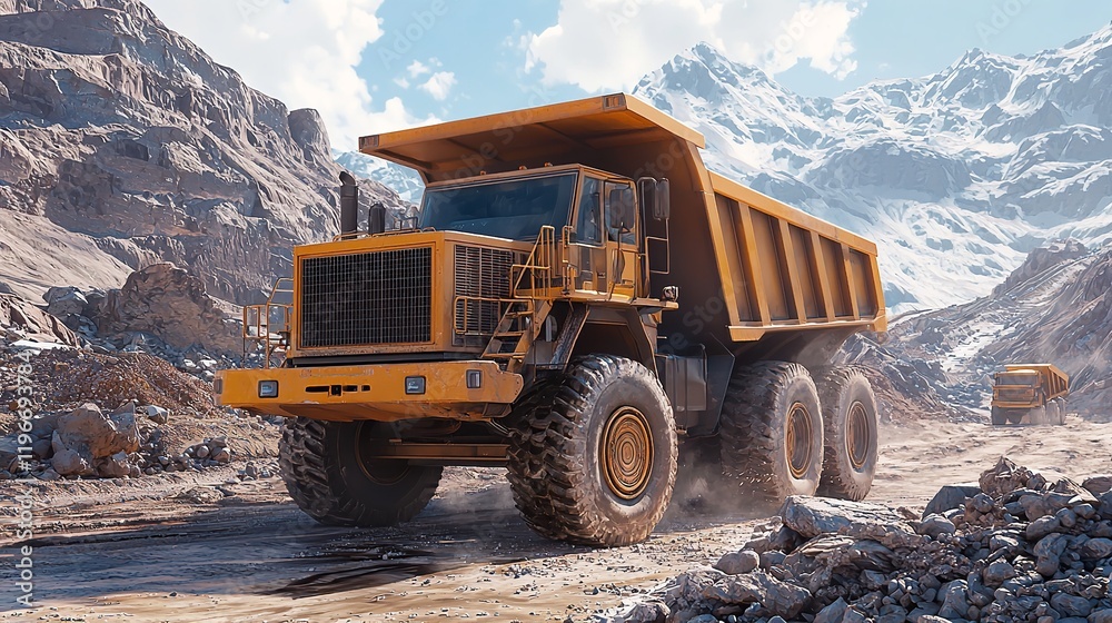 Yellow Dump Truck in a Mountainous Quarry Yellow Dump Truck in a Mountainous Quarry