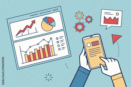 Business analytics, data visualization, mobile app, charts and graphs, hands holding smartphone, financial statistics, colorful infographics, blue background, flat design, vector illustration, digital