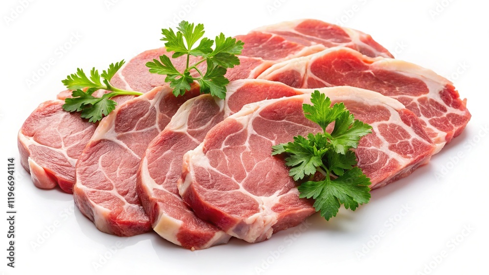 Raw Pork Slices, Parsley, Top View, Night Photography, White Background Raw Pork Slices, Parsley, Top View, Night Photography, White Background