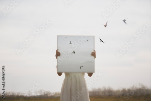 woman with canvas in front of her face from which birds fly in a field