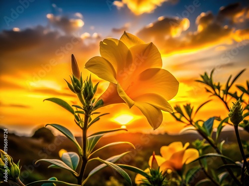 Silhouette of Cascabela Thevetia, Yellow Flower, Sunset Backdrop photo