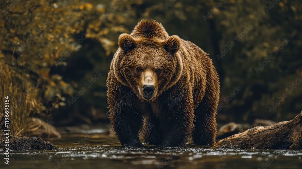 Majestic brown bear in a tranquil forest stream. Majestic brown bear in a tranquil forest stream.