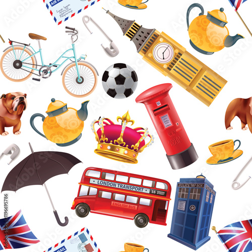 This seamless vector art design features iconic London elements, including Big Ben, red buses, the Tower Bridge, and the London Eye, intertwined with union jack motifs, creating a vibrant cityscape.