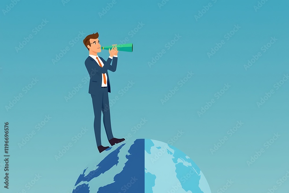 Global Vision: A bold businessman stands on top of the globe, looking through a telescope, symbolizing his ambitious outlook and pursuit of a wider perspective. Global Vision: A bold businessman stands on top of the globe, looking through a telescope, symbolizing his ambitious outlook and pursuit of a wider perspective.