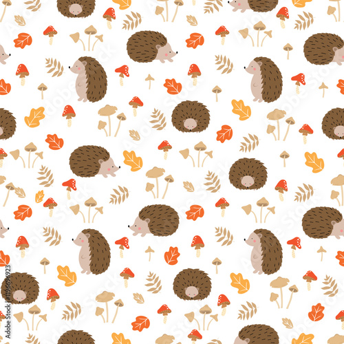 Seamless pattern with cute hedgehogs, mushrooms abd leaves. Children's pattern for clothes.