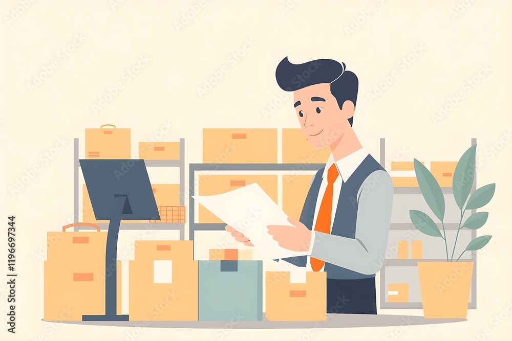 Warehouse Manager Reviewing Inventory: A cheerful warehouse manager meticulously reviews paperwork amidst stacks of neatly organized boxes and a computer monitor. Warehouse Manager Reviewing Inventory: A cheerful warehouse manager meticulously reviews paperwork amidst stacks of neatly organized boxes and a computer monitor.