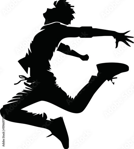 Happy jumping people silhouette. Black and white vector 