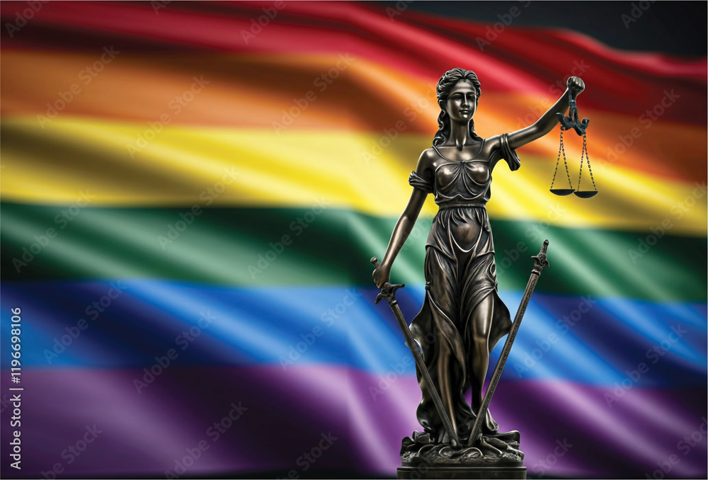 LGBT, LGBTQ, LGBTQIA Pride flag with lady justice statue. Pride month, June, greeting card, poster, banner or sticker. Social, electronic and print media message and equal rights campaign theme. LGBT, LGBTQ, LGBTQIA Pride flag with lady justice statue. Pride month, June, greeting card, poster, banner or sticker. Social, electronic and print media message and equal rights campaign theme.