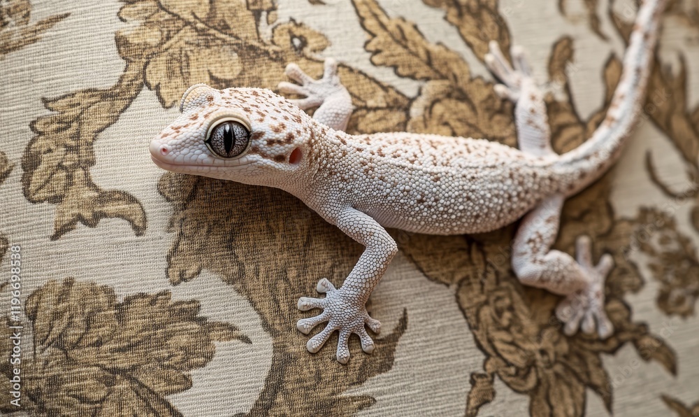 Fototapeta premium Leopard Gecko Resting on Ornate Fabric