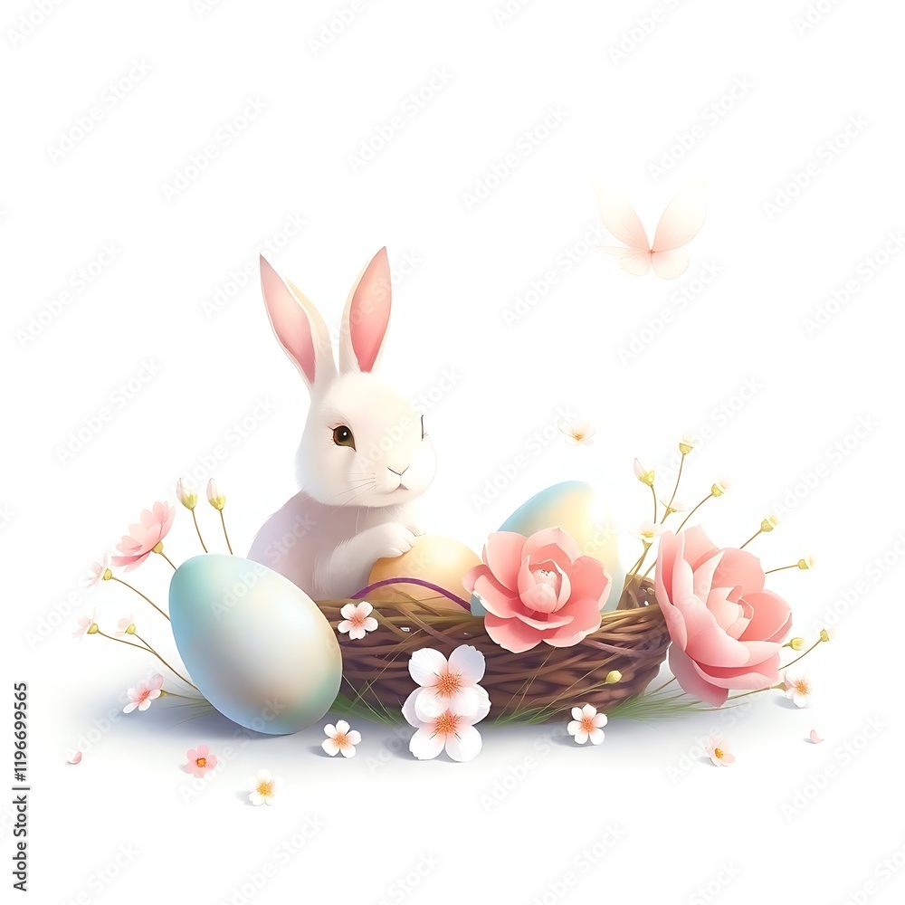 Obraz premium Easter Bunny in Nest: An adorable white bunny sits amidst pastel Easter eggs and delicate pink blossoms nestled in a charming bird's nest. A touch of spring magic.