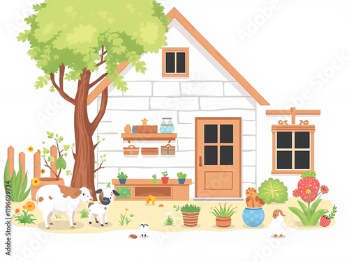 an image of a house with a tree and a goat in the yard. photo