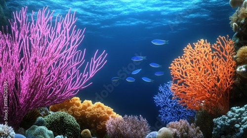 Vibrant underwater scene with colorful corals and fish.