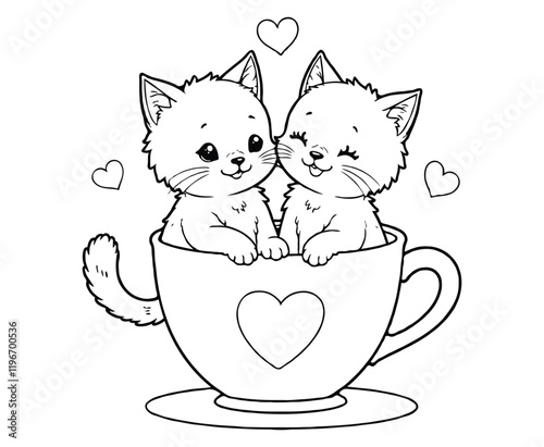 Enamored cats in a cup. Coloring book page for kids. Valentine's Day