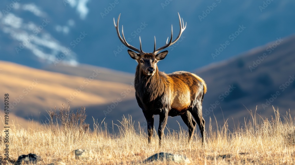 Obraz premium Majestic red deer stag in autumnal field.